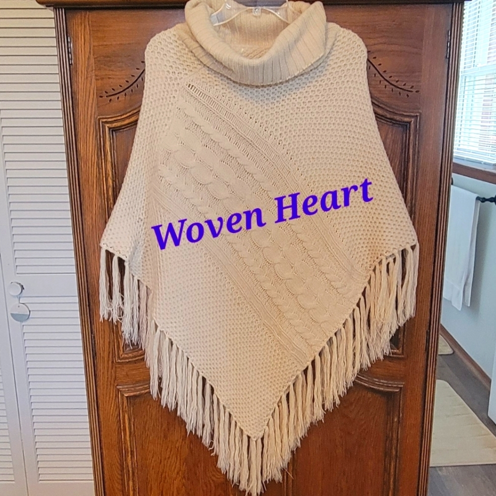 Woven Heart cream knit fringe cowl neck hippie poncho. XL